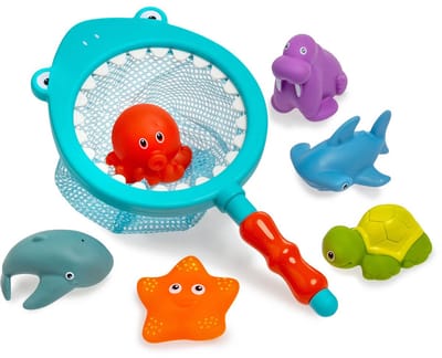 Visnet badspeelgoed haai - Schepnet - Waterspeelgoed - Badspeeltjes - Met dieren - Voor kinderen - 7-delig