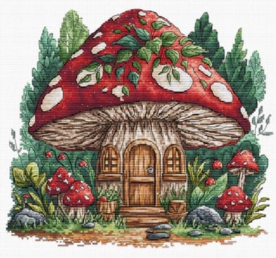 Borduurpakket AVA Stitch - Mushroom Cabin - Paddestoelen Huisje - telpatroon