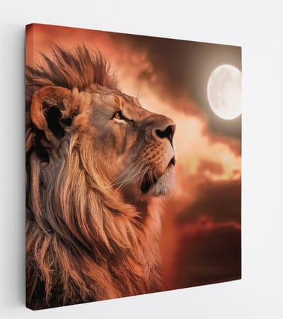 Saammp Canvas Schilderij - Leeuw met de maan - Dieren - Natuur - 20x20 - Foto op canvas - Wanddecoratie - Muurdecoratie Woonkamer - Slaapkamer decoratie - Canvas Print