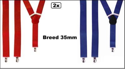 2x Bretel rood en blauw - breed 35mm - Themafeest party fun evenement verjaardag feest bretels