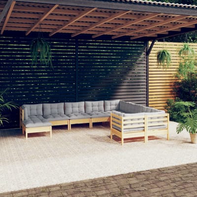 vidaXL - 10-delige - Loungeset - met - grijze - kussens - grenenhout