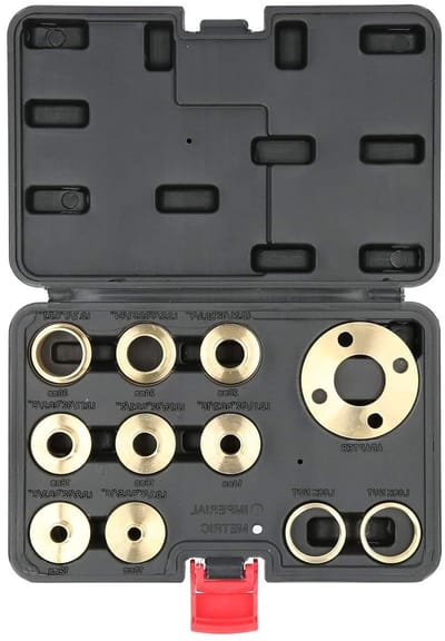 Complete Set van 11 Stuks Messing Router Templates en Bushing Gidsen voor Nauwkeurig Houtbewerking, Inclusief Lock Nut Adapter Kit voor Router Sub Bases van 5/16 tot 1