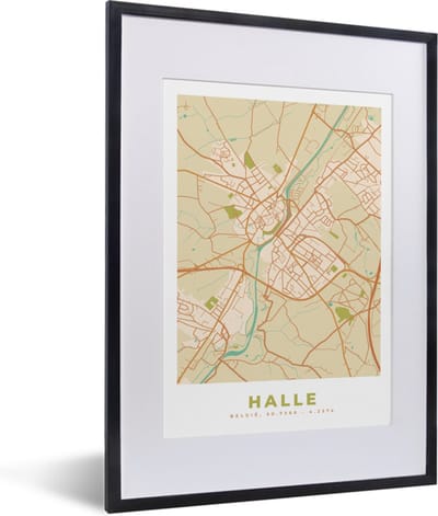 Fotolijst incl. Poster - België - Kaart - Plattegrond - Stadskaart - Halle - 30x40 cm - Posterlijst