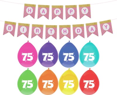 Haza Verjaardag 75 jaar geworden versiering - 16x thema ballonnen/1x Happy Birthday slinger 300 cm