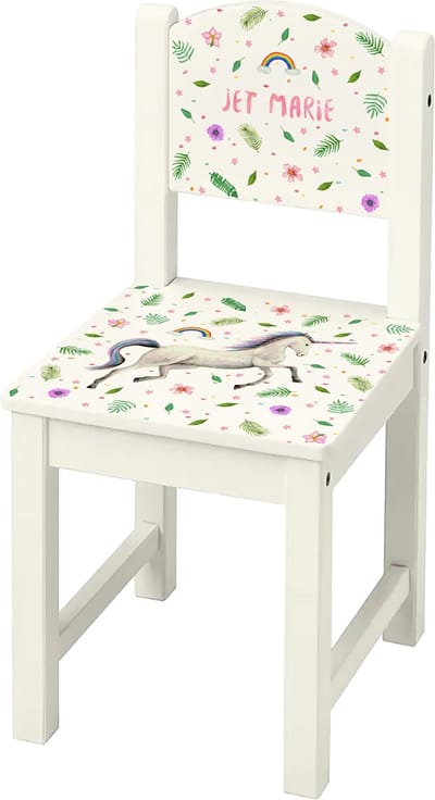 World of Mies kinderstoeltje met naam - Houten stoel unicorn - wit Sundvik model - hoogwaardige kleurenprint in het hout - handgeschilderd design door Mies