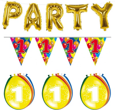 Folat - Verjaardag feestversiering 1 jaar PARTY letters en 16x ballonnen met 2x plastic vlaggetjes
