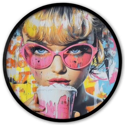 Poster in lijst Rond - Fotolijst 40x40 cm - Posters - Expressief - Milkshake - Vrouw - Felle kleuren - Ronde posterlijst zwart - Decoratie - Wanddecoratie woonkamer - Muurdecoratie slaapkamer
