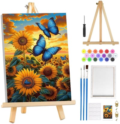 Dailygoods- Schilderen op Nummer - Zonnebloemen met Lijst - Vlinder voor Volwassenen - Houten Ezel - Creatieve Hobby's - Voor Beginners - Doe-het-zelf Schilderen
