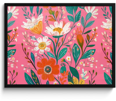 Poster in lijst - Fotolijst 70x50 cm - Posters - Roze - Bloemen - Wit - Oranje - Posterlijst zwart - Decoratie - Wanddecoratie woonkamer - Muurdecoratie slaapkamer