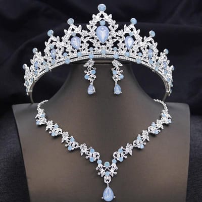 Opaal Blauwe Tiara Sets Bruidssieradenset voor Prinses Bruiloft Kroon en ketting oorbellen Prom Verjaardag Jurk Kostuum Accessoires gray