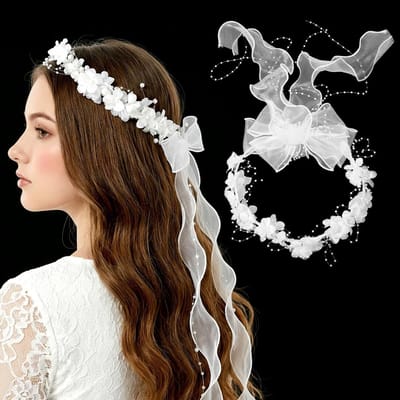 Elegante haaraccessoire voor bloemenmeisjes met lange strik en parels, perfect voor bruiloften en communies