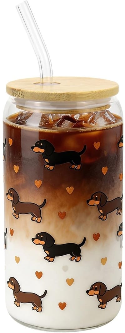 Dailygoods- Drinkglas 500 ml met Bamboedeksel - Teckel Beker - Glazen Rietje - Reinigingsborstel - Ideaal voor Koude/Warme Dranken
