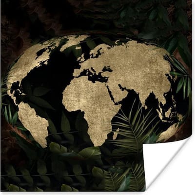 Poster 30x30 cm - Wereldkaart - Vintage - Wereldbol - Posters - Kamer decoratie - Wanddecoratie woonkamer - Muurdecoratie slaapkamer
