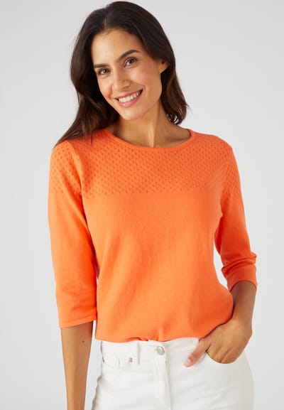 Damart - Trui effen en gestreepte met bloemenprint - Dames - Oranje - S