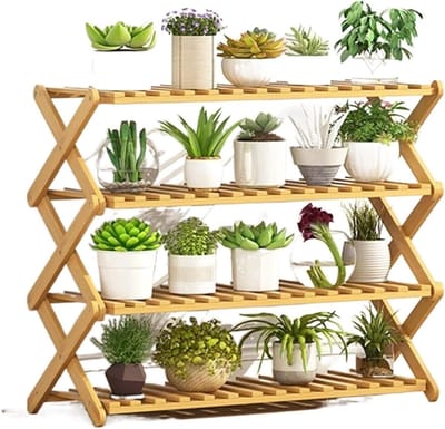 Houten plantenstandaard - Bloemenrek opvouwbaar - Planten decoratief tonen - Gemaakt van bamboe - Compact ontwerp - Natuurlijk hout
