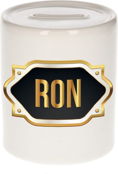 Spaarpot met voornaam Ron - wit - met goud/zwart embleem - 8 x 9 cm - keramiek - met afsluitdop - cadeau verjaardag