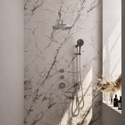 Brauer Brushed Edition thermostatische inbouw regendouche SET 22 met 30 cm douchekop en gebogen muurarm en 3-standen handdouche en doucheslang en geïntegreerde glijstang RVS geborsteld PVD