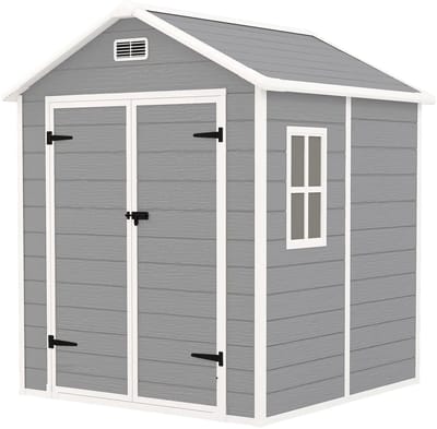 Tuinschuur - 182 x 151 x 219 cm - Tuinhuisje - Gereedschapsschuur met Vloer - Opslagruimte Tuin - Tuingereedschap Bewaren - Buitenschuren - Fietsenberging - Tuinhuis met Afsluitbare Deuren, Ventilatiesleuven en Ramen - Houtlook - Grijs
