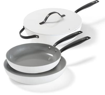 BE Living 3-delige Pannenset - Ø 24 & 28 cm Koekenpan + Ø 30 cm Wokpan - Bakpan - Keramisch - PFAS Vrij Anti Aanbak - Inductie Pannen - Wit - Essential Series