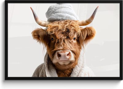 Poster in lijst - Fotolijst 90x60 cm - Posters - Schotse hooglander - Badjas - Koe - Dieren - Posterlijst zwart - Wanddecoratie badkamer - Muurdecoratie WC - Decoratieve accessoires - Toilet muur decoratie
