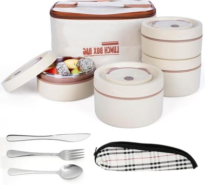 5-Piece Portable Insulated Lunch Container Set with Cutlery - Stainless Steel Leakproof Stackable Food Bento Boxes - Thermal Bag Included - Lunch Box Set for Adults/Students - Biege