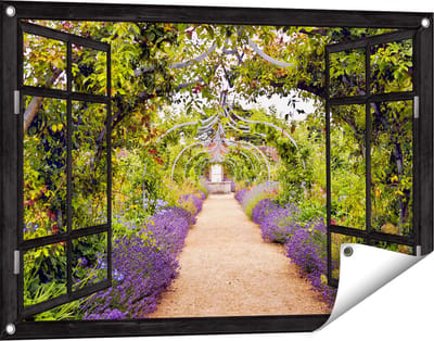 Gards Tuinposter Doorkijk Lavendel Pad - 90x60 cm - Tuindoek - Tuindecoratie - Wanddecoratie buiten - Tuinschilderij
