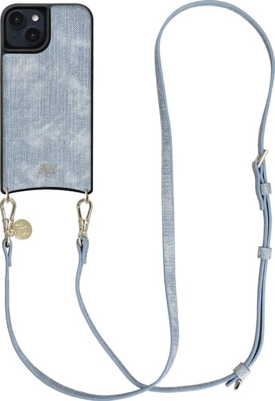 AVY Hoesje Geschikt voor Apple iPhone 15 | Compatibel met MagSafe | Kunstleren Case met Telefoonkoord | Crossbody | Denim | Long Denim