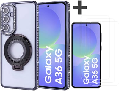 Hoesje met Ringhouder Geschikt voor Samsung Galaxy A36 met Diamant Glitters en 3 Stuks Gehard Glas Screenprotector – Arara Backcover - Zwart