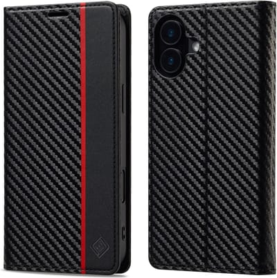 Luxe BookCover Hoes Etui geschikt voor iPhone 16 - Zwart-Rood-Carbon