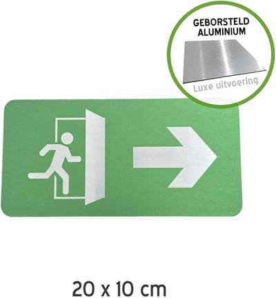 Pictogram/ bordje Dibond (geborsteld) | 20 x 10 cm | Nooduitgang - Pijl naar rechts | Vluchtroute | Noodgeval | Brandweg | Noodsituatie | Nooddeur | Brandweer | Wettelijk verplicht | Universeel | Rechthoek | 1 stuk