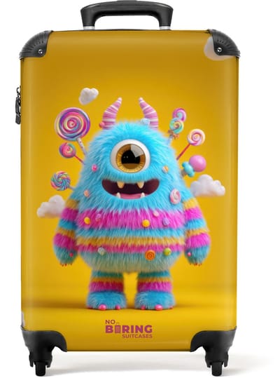 NoBoringSuitcases.com - Koffer - Snoep monster op een gele achtergrond - Past binnen 55x40x20 cm en 55x35x25 cm - Trolley handbagage - Valiezen met wieltjes volwassenen - Reiskoffer op wielen - Rolkoffer lichtgewicht