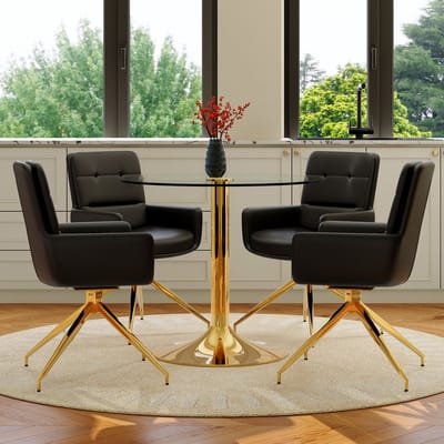 MIVRAY Eettafelset 85 Cm - Ronde Glazen Tafel Met 4 Draaibare Eetkamerstoelen - Voor Eetkamer En Horeca - Zwart Goud