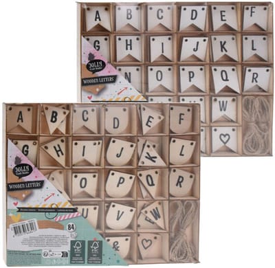 Houten letters knutselset vlagvormen 84 stuks decoratie.