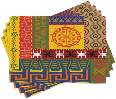 ABAKUHAUS primitieve placemats, versierd met abstracte etnische patronen, inheemse kunst – stamteken-illustratie, Tiscjdeco uit geverfd stof voor de eetkamer en de keuken, geel en groen