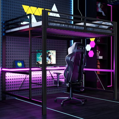 PHOEBE CAT Hoogslaper - 160x200 cm - Metalen frame - LED-verlichting - USB-oplaadpunt - Met bureau - Zwart