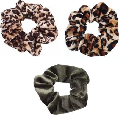 Scrunchie 3 stuks Velvet Extra Vol en Luxe - haarelastiek haarwokkel scrunchies - groen - panterprint bruintinten - panterprint bruin/zwart - Kraagjeskopen.nl
