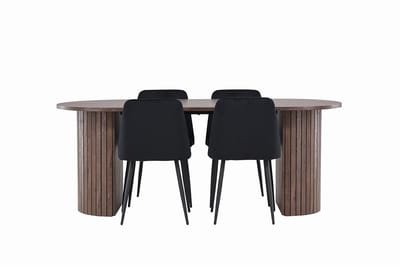 Härön eethoek tafel 90x200cm en 4 velours stoelen mocca.