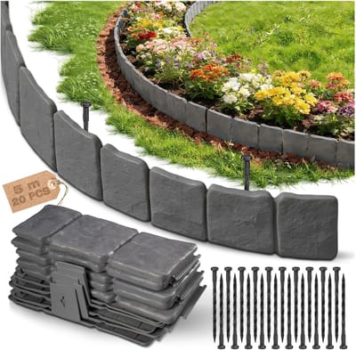 Namajunas - Borderranden - Gazonrand - Tuinrand - Tuinafsluiting - Kantopsluiting - Flexibele Tuinafscheiding - Bloembedrand - Steenlook - 5 m (Hoogte: 10 cm) - 20 stuks - met 20 Grondpennen - Grijs