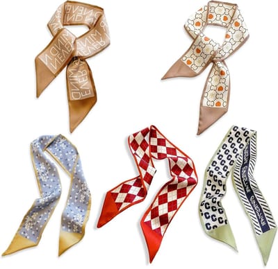 5 Packs Skinny Zijde Sjaals voor Vrouwen en Meisjes met Bloemenprint en Geometrisch Patroon - Elegante Satijnen Neckerchiefs en Haaraccessoires voor een Frisse Look