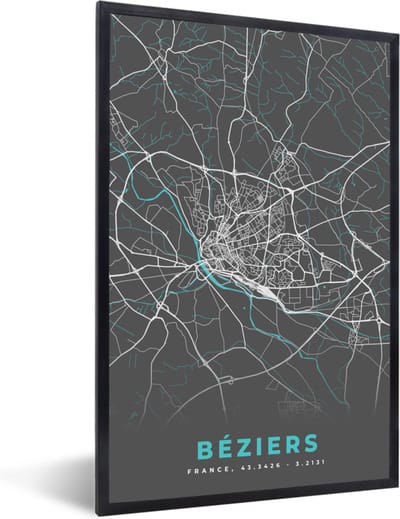 Fotolijst incl. Poster - Béziers – Plattegrond – Frankrijk – Kaart – Stadskaart - 40x60 cm - Posterlijst