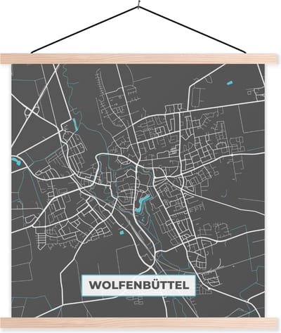 Posterhanger incl. Poster 40x40 cm - Schoolplaat - Plattegrond – Wolfenbüttel – Blauw – Stadskaart – Kaart - Duitsland - Textielposter - Blanke latten - Stadskaart
