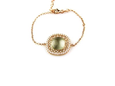 model Carre armband in zilver roze verguld met tussenstuk groene cabochon en cubic zirconia