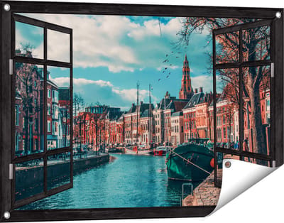 Gards Tuinposter Doorkijk Gracht in Groningen - 90x60 cm - Tuindoek - Tuindecoratie - Wanddecoratie buiten - Tuinschilderij