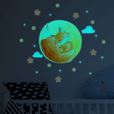 Lichtgevende sticker - DROMERIGE VOS + 50 STERREN - Fluorescerende muur-/plafondsticker voor kinderen - 30x40 cm