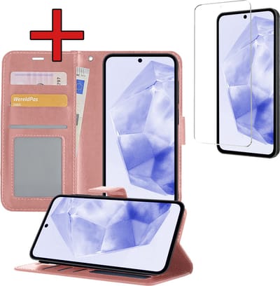 Hoesje - Met Screenprotector - Geschikt voor Samsung Galaxy A35 - Luxe Pasjeshouder - Flipcase - Bookcase Portemonee - Flip Case - Kunstleer Book Case - Book Cover - Walletcase - Portemonneehoes - Telefoonhoes - Rosé goud