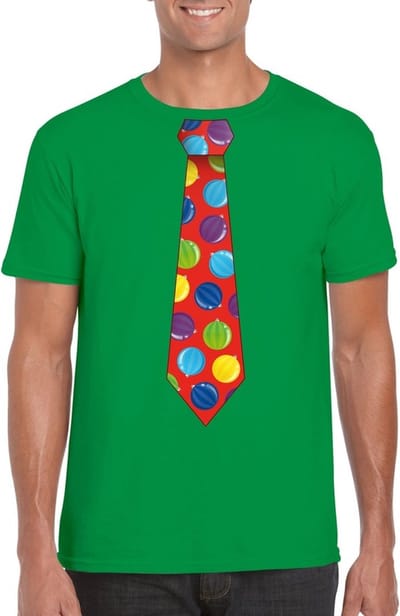 Foute Kerst t-shirt stropdas met kerstballen print groen voor heren S