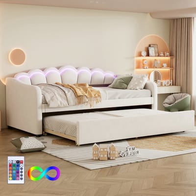 VVBV Slaapbank met Uitschuifbed 90x200 cm - LED-Verlichting, Afstandsbediening, Bureau - Fluweel Beige - Zonder Matras