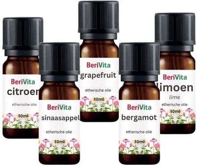 Citrus Olie 5x10ml Etherische Olie Set - Bergamotolie 10ml, Citroenolie 10ml, Grapefruitolie 10ml, Limoenolie 10ml en Sinaasappelolie 10ml - Essentiële Olie Set