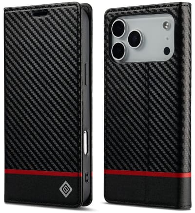 Luxe BoekCover Hoes Etui geschikt voor Apple iPhone 17 PRO - Zwart - Rood - Carbon *V2