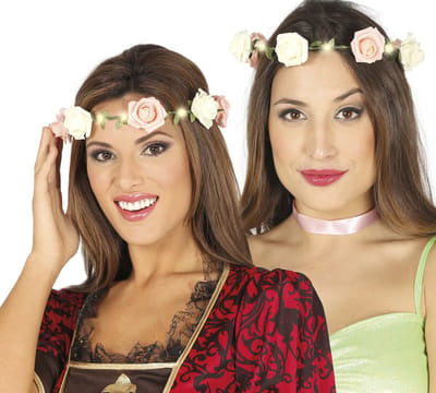 Fiestas Verkleed haarband met bloemen en lampjes - roze - dames - Hippie/Flower Power bloemenkrans